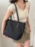 Studded Decor Shoulder Tote Bag Double Handle With Zipper Black Polyester