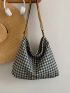 Large Hobo Bag Gingham Pattern Adjustable Strap For Daily