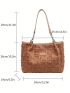 Plaid Pattern Shoulder Tote Bag Fashionable Letter Patch Decor Raw Trim