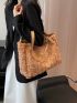 Plaid Pattern Shoulder Tote Bag Fashionable Letter Patch Decor Raw Trim