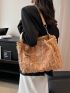 Plaid Pattern Shoulder Tote Bag Fashionable Letter Patch Decor Raw Trim