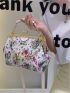 Floral Pattern Satchel Bag Chain & Faux Pearl Decor Kiss Lock PU