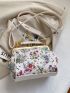 Floral Pattern Satchel Bag Chain & Faux Pearl Decor Kiss Lock PU