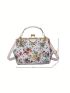 Floral Pattern Satchel Bag Chain & Faux Pearl Decor Kiss Lock PU