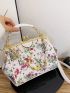 Floral Pattern Satchel Bag Chain & Faux Pearl Decor Kiss Lock PU