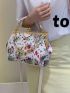 Floral Pattern Satchel Bag Chain & Faux Pearl Decor Kiss Lock PU