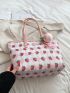 Letter Patch Shoulder Tote Bag Strawberry Pattern With Bag Charm For Daily