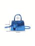 Crocodile Embossed Square Bag Blue Double Handle With Coin Purse