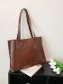 Coffee Brown Shoulder Tote Bag Crocodile Embossed Double Handle PU