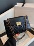 PU Square Bag Quilted Pattern Chain Black