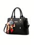 Twilly Scarf & Plush Ball Decor Handbag, Litchi Pattern Stylish Shoulder Bag, Women's Office & Work Bag