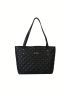 Quilted Detail Square Bag Studded & Letter Patch Decor Double Handle Black PU