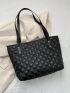 Quilted Detail Square Bag Studded & Letter Patch Decor Double Handle Black PU