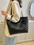 Quilted Detail Square Bag Studded & Letter Patch Decor Double Handle Black PU