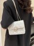 Mini Flap Square Bag Heart Quilted Pattern Pearl Decor PU