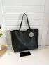 Litchi Embossed Shoulder Tote Bag Black Double Handle For Work