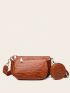 Crocodile Embossed Hobo Bag Brown Adjustable Strap With Coin Purse