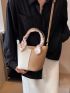 Mini Bucket Bag Fashionable Litchi Embossed Twilly Scarf Decor Double Handle PU