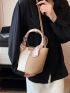 Mini Bucket Bag Fashionable Litchi Embossed Twilly Scarf Decor Double Handle PU