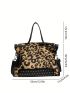 Leopard Pattern Studded Decor Top Handle Bag