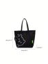 Cartoon Graphic Shopper Bag With Coin Purse Black Simple Cartoon Bear Canvas Shoulder Bag, Versatile All-Match Tote Bag With Mini Coin Purse