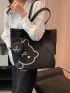 Cartoon Graphic Shopper Bag With Coin Purse Black Simple Cartoon Bear Canvas Shoulder Bag, Versatile All-Match Tote Bag With Mini Coin Purse