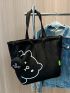 Cartoon Graphic Shopper Bag With Coin Purse Black Simple Cartoon Bear Canvas Shoulder Bag, Versatile All-Match Tote Bag With Mini Coin Purse