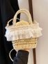 Lace Decor Straw Bag Small Double Handle Vacation