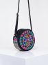 Vintage Double Sided Floral Embroidered Small Round Bag, Vintage Embroidered Canvas Bag, Crossbody Bag, Chic Embroidered Shoulder Bag