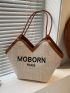 Letter Embroidered Contrast Trim Straw Bag, Mothers Day Gift For Mom