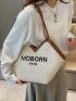 Letter Embroidered Contrast Trim Straw Bag, Mothers Day Gift For Mom