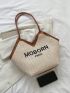 Letter Embroidered Contrast Trim Straw Bag, Mothers Day Gift For Mom