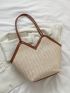 Letter Embroidered Contrast Trim Straw Bag, Mothers Day Gift For Mom