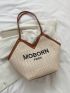 Letter Embroidered Contrast Trim Straw Bag, Mothers Day Gift For Mom