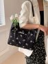 Medium Tote Bag Flower Pattern Letter Patch Ruched Detail Double Handle