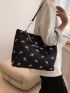 Medium Tote Bag Flower Pattern Letter Patch Ruched Detail Double Handle