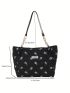 Medium Tote Bag Flower Pattern Letter Patch Ruched Detail Double Handle