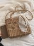 Medium Straw Bag Hollow Out Detail Double Handle Twilly Scarf Decor