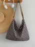 Large Hobo Bag Gingham Pattern Adjustable Strap For Daily