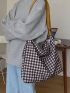 Large Hobo Bag Gingham Pattern Adjustable Strap For Daily