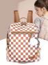 Multi-function Classic Backpack Checkered Pattern With Fuzzy Pendant Zip Front