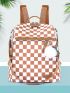 Multi-function Classic Backpack Checkered Pattern With Fuzzy Pendant Zip Front