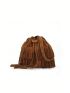 Brown Bucket Bag Fringe Decor Drawstring For Daily