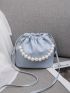 PU Bucket Bag Drawstring Faux Pearl Decor Litchi Embossed