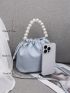 PU Bucket Bag Drawstring Faux Pearl Decor Litchi Embossed