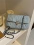 Quilted Pattern Flap Square Bag Fashion Denim With Cartoon Bag Charm