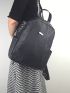 Litchi Embossed Classic Backpack Metal Detail With Zipper Black PU