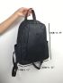 Litchi Embossed Classic Backpack Metal Detail With Zipper Black PU