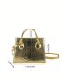 Mini Square Bag Snakeskin Embossed Double Handle With Zipper Black PU