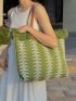 Large Capacity Tote Bag Colorblock Fringe Trim Vacation Style